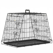 Black slanted folding dog crate with a pull-out floor tray on a white background