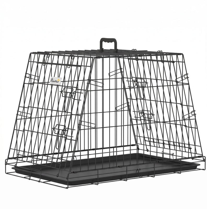 Black slanted folding dog crate with a pull-out floor tray on a white background
