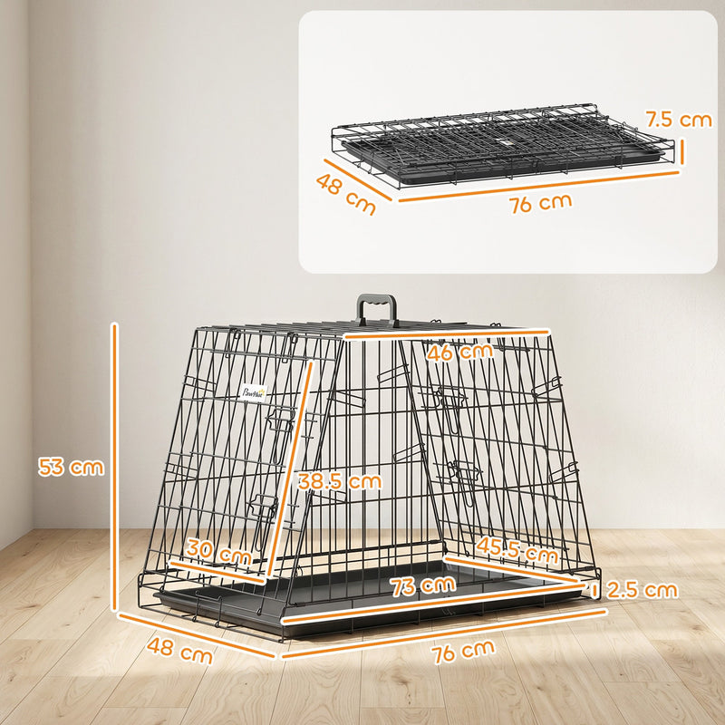 Crate dimensions diagram showing 76 by 48 by 53 cm and 7.5 cm when folded flat