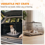 Split image of the small crate in a car boot and in a bright living room