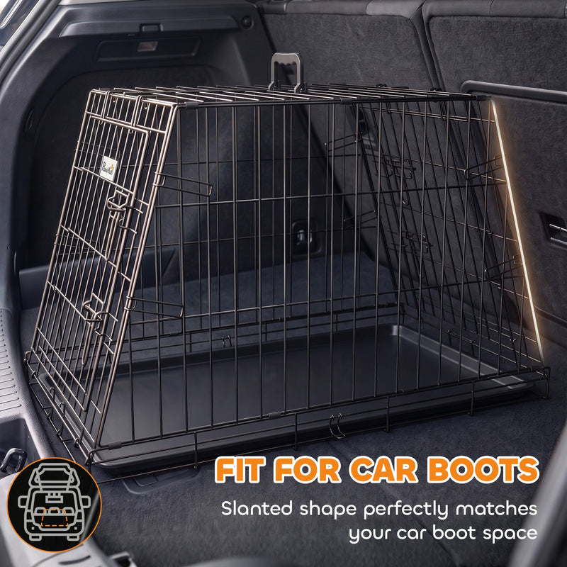 Slanted crate angled against the rear seats in a dark car boot with the door open
