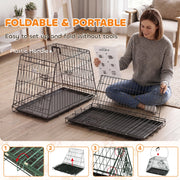 Woman holding the quick setup guide next to an assembled and a folded crate
