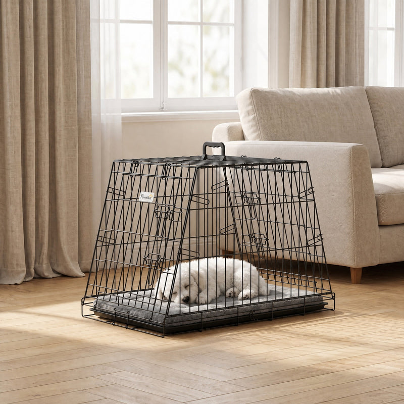 Small white dog asleep on a mat inside the crate in a living room