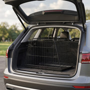 Empty crate loaded in the boot of a silver SUV parked in a park