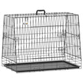 Black slanted folding dog crate with a removable tray on a white background