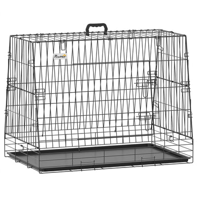 Black slanted folding dog crate with a removable tray on a white background