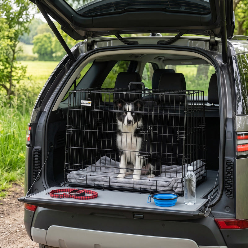Border collie sitting in the slanted crate in the open boot of an SUV