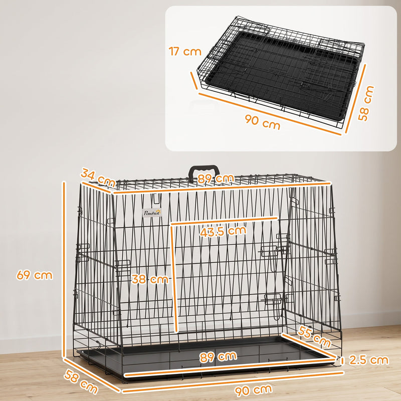 Crate dimensions diagram showing 90 by 58 by 69 cm and 17 cm when folded flat