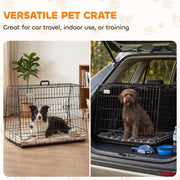 Split image of the crate used in a living room and in a car boot with dogs inside