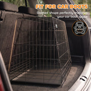 Slanted crate sitting flush against the rear seats inside a dark car boot