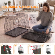 Woman with the setup guide beside an assembled crate and a folded flat crate