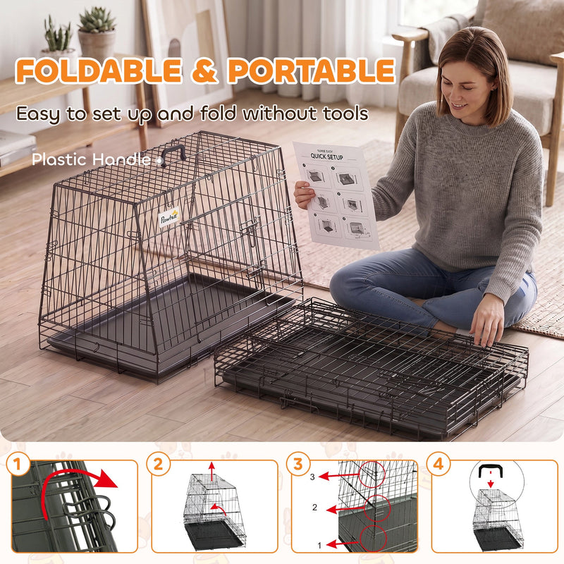 Woman with the setup guide beside an assembled crate and a folded flat crate