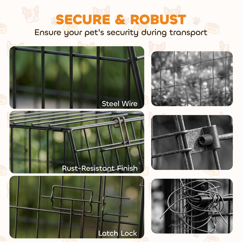 Close-up panels showing the steel wire, rust-resistant finish and sprung latch lock