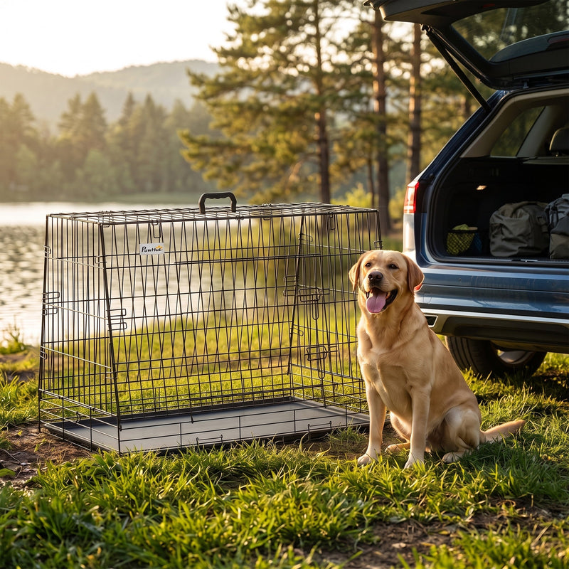 Labrador sitting on grass beside the crate with a car boot open by a lake