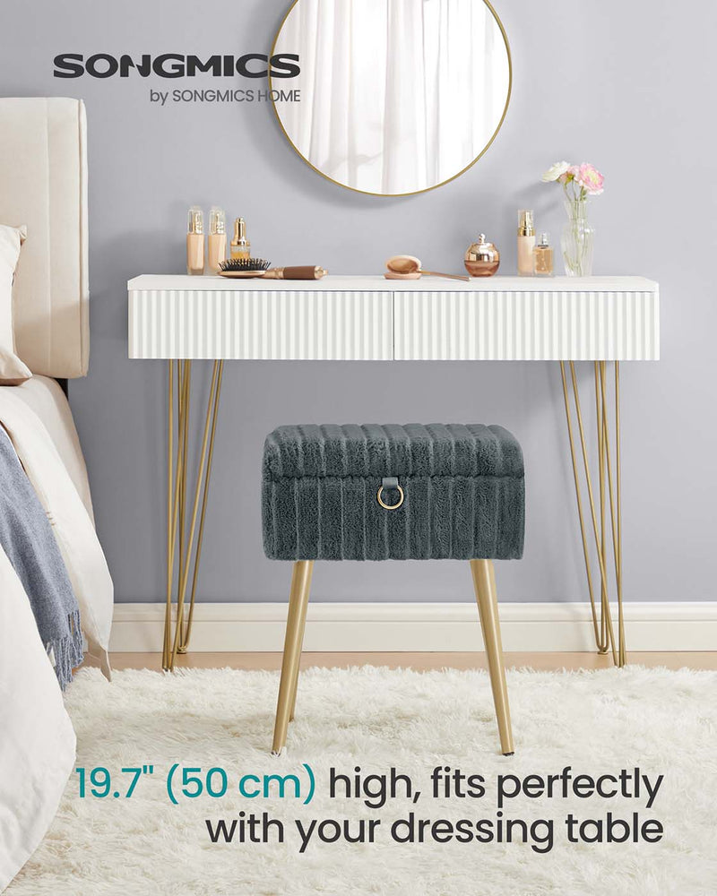 Vanity stool with the storage lid open showing the hook-and-loop dividers