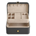 Slate grey Songmics travel jewellery case open, showing empty top tray with 5 necklace hooks, ring slots and earring holes above a lower storage compartment