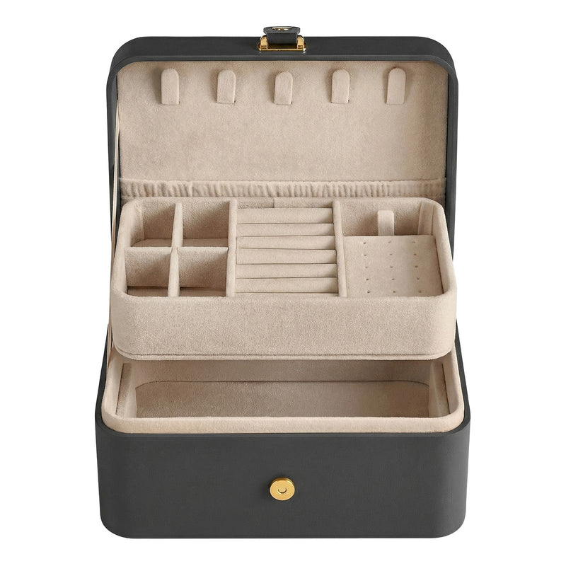 Slate grey Songmics travel jewellery case open, showing empty top tray with 5 necklace hooks, ring slots and earring holes above a lower storage compartment
