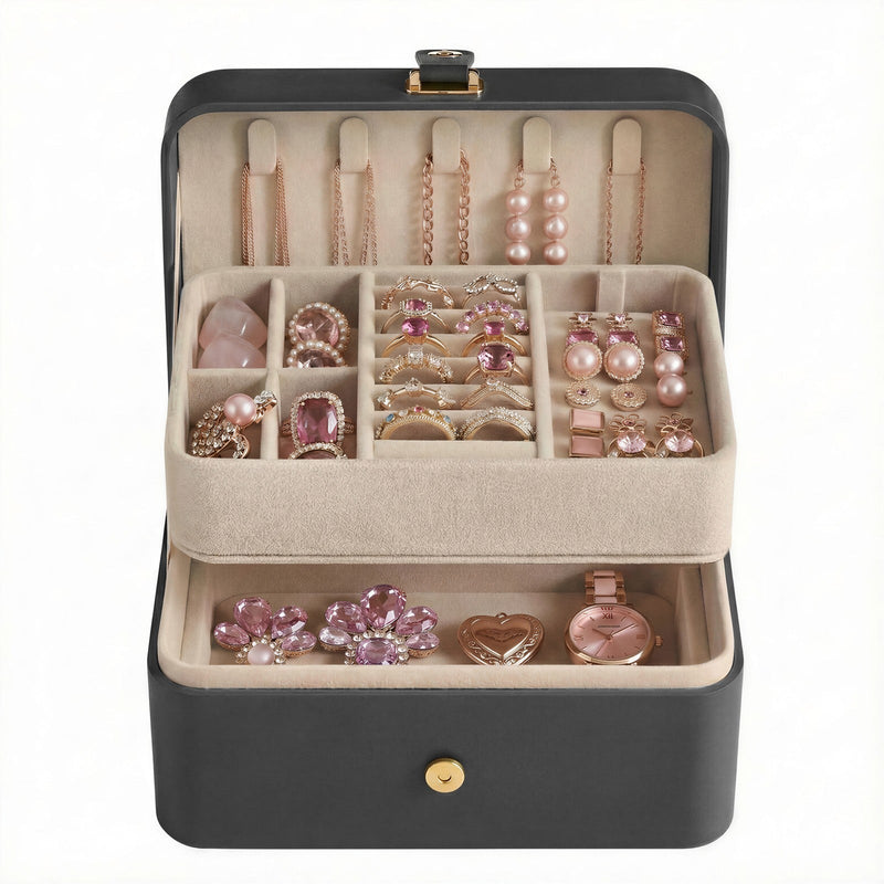 Slate grey travel jewellery case open and fully packed with rose gold rings, earrings, necklaces and a watch to show storage capacity