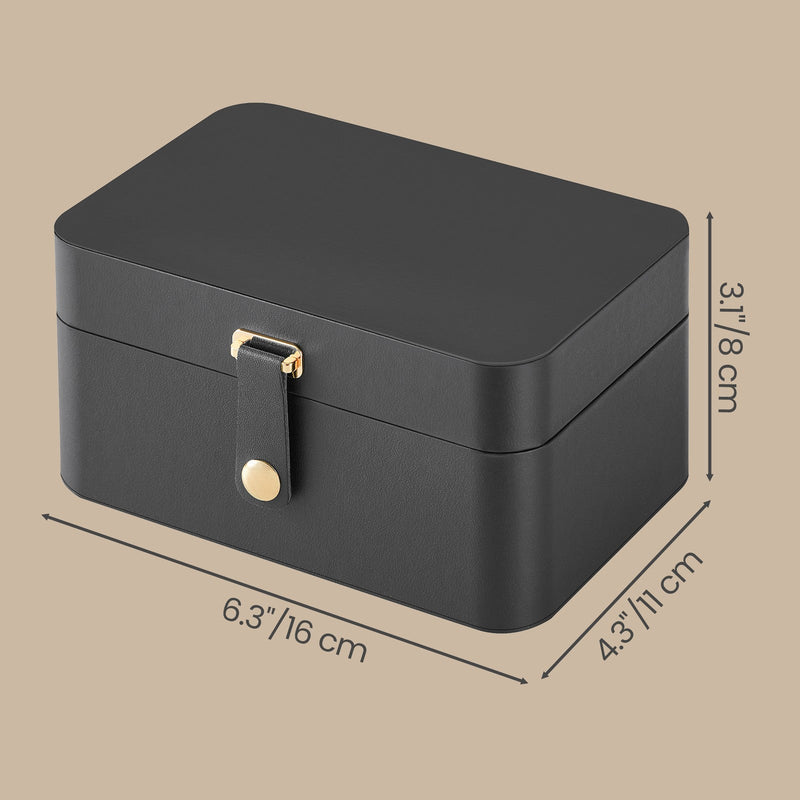 Closed slate grey jewellery case on an angled studio background labelled with dimensions 16cm width, 11cm depth and 8cm height