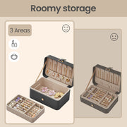 Infographic comparing the 3 storage areas inside the jewellery case, including necklace hooks, ring and earring slots, and bottom compartment