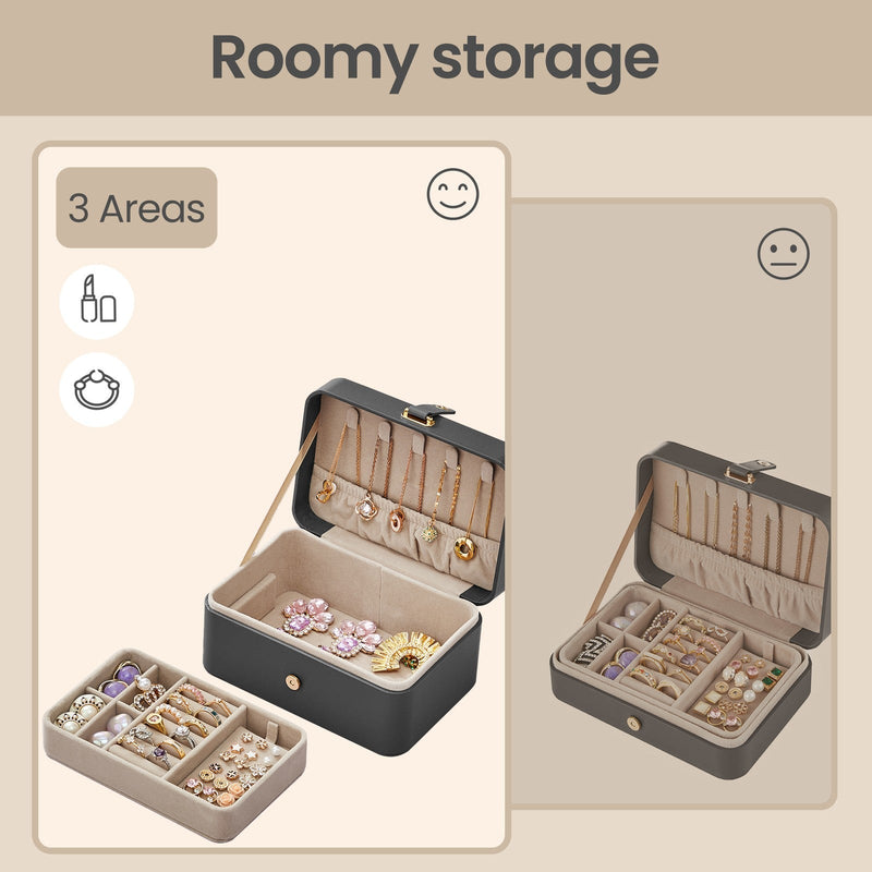 Infographic comparing the 3 storage areas inside the jewellery case, including necklace hooks, ring and earring slots, and bottom compartment