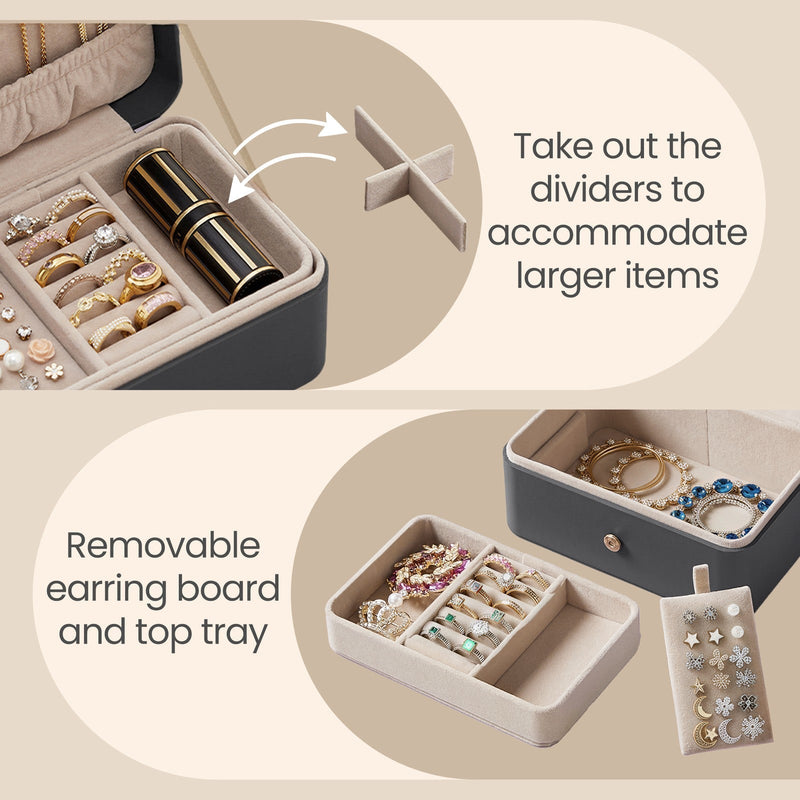 Close-up detail shots showing the removable dividers being taken out and the removable earring board and top tray lifted from the case
