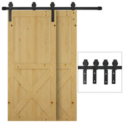 Black sliding barn door track kit fitted to two wooden doors, with an inset of the four hangers