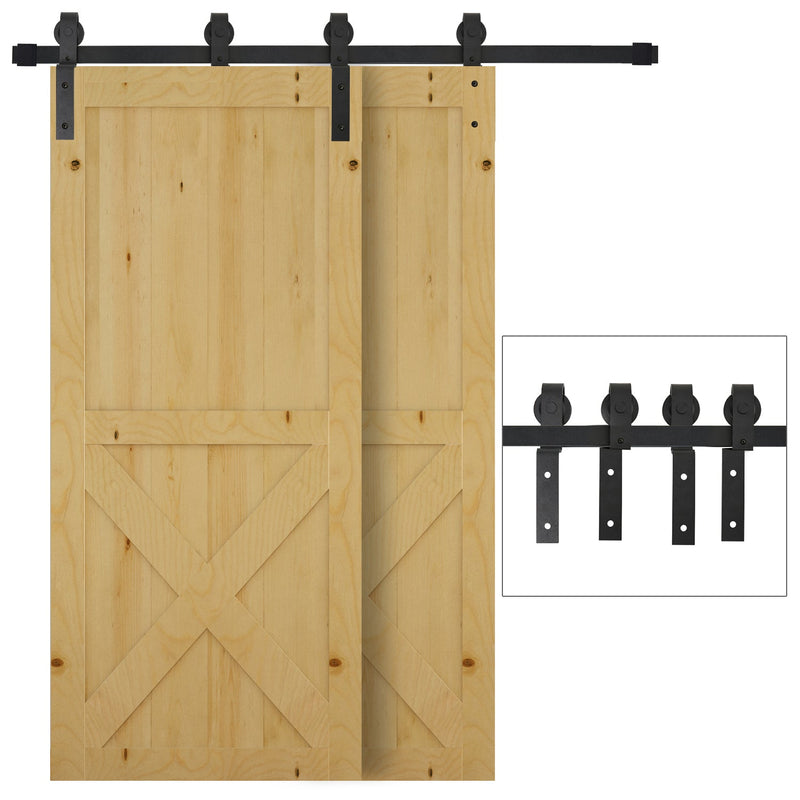 Black sliding barn door track kit fitted to two wooden doors, with an inset of the four hangers