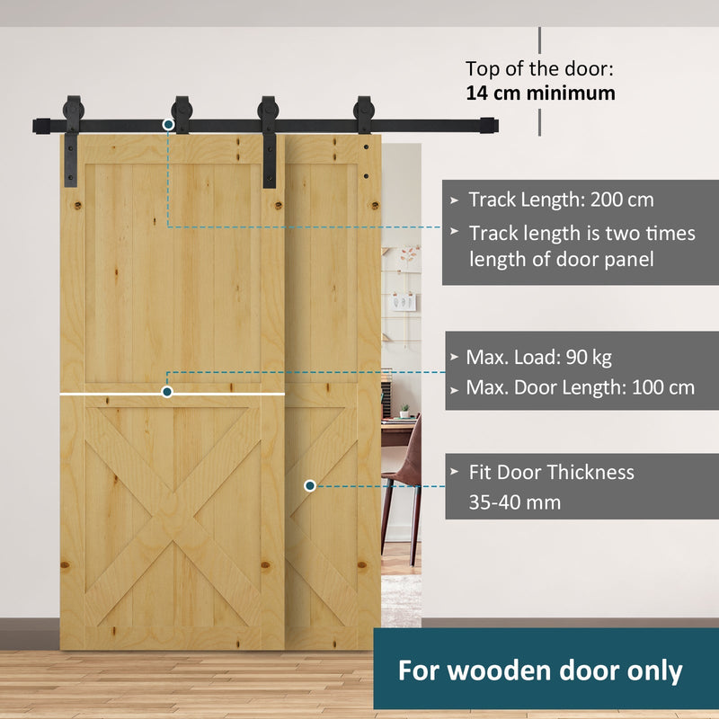 Specification panel listing 200 cm track length, 90 kg maximum load and 14 cm minimum clearance