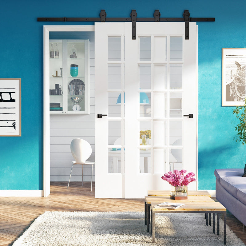 White glazed sliding doors on the barn track against a bright blue wall