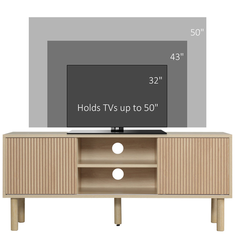 Graphic showing the cabinet holding TVs from 32 to 50 inches on its tabletop