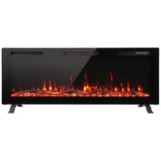 Black slim 107 cm electric fire on plastic feet with glowing flames, studio front view