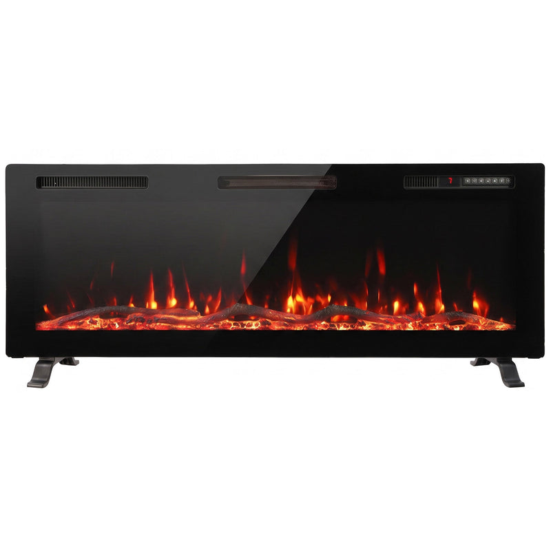 Black slim 107 cm electric fire on plastic feet with glowing flames, studio front view
