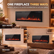 Three ways to fit the slim electric fire: wall mount, recessed or with feet