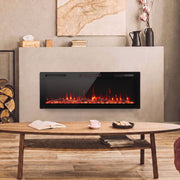 Slim electric fire recessed into a cream media wall above a coffee table