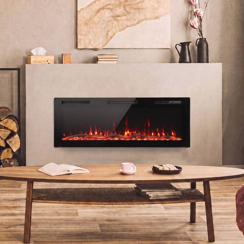 Slim electric fire recessed into a cream media wall above a coffee table