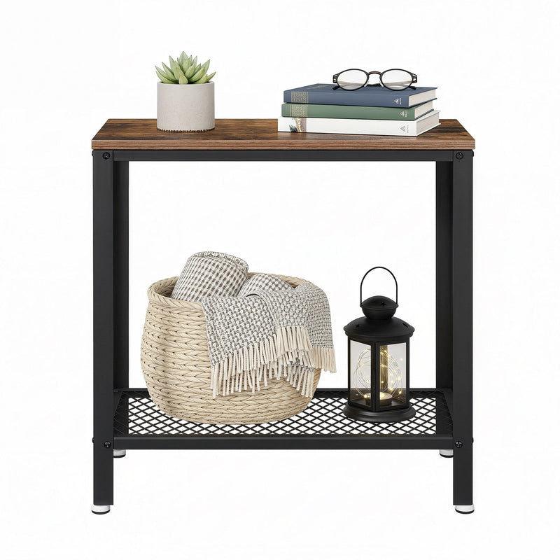 Vasagle side table shown with mesh storage shelf underneath