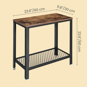 Close-up of the wood-tone tabletop and black steel frame