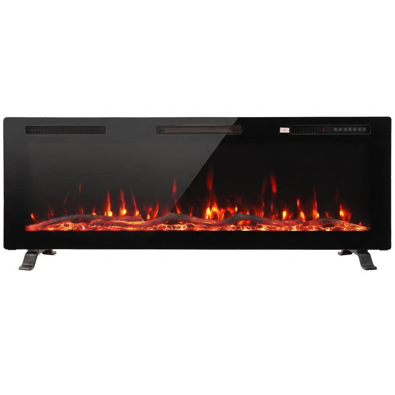 Black 127 cm slim electric fire with orange flames on two feet, white background