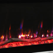 Close-up of orange and purple flames above a log effect ember bed