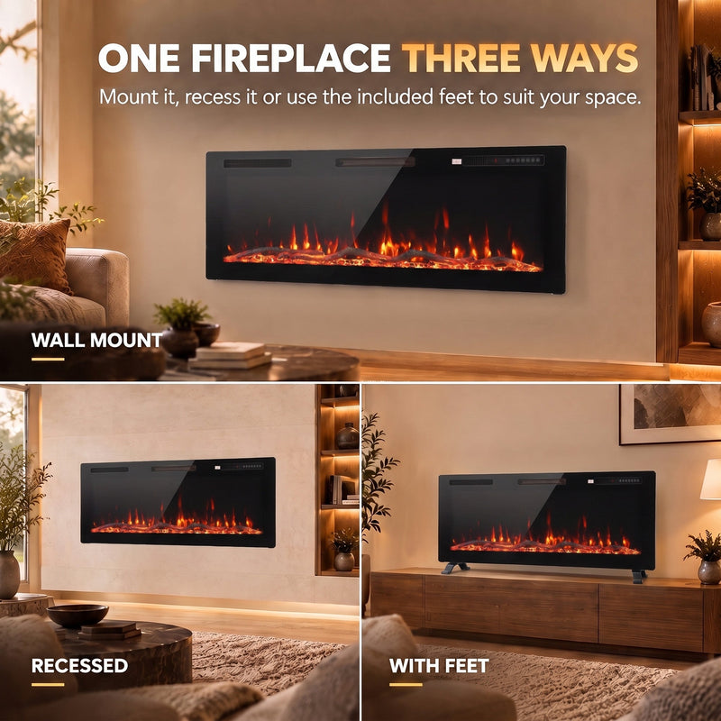 Three installation options shown: wall mounted, recessed and freestanding on feet