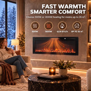 Woman relaxing by the electric fire with 900 W and 1800 W heat settings up to 35 m²