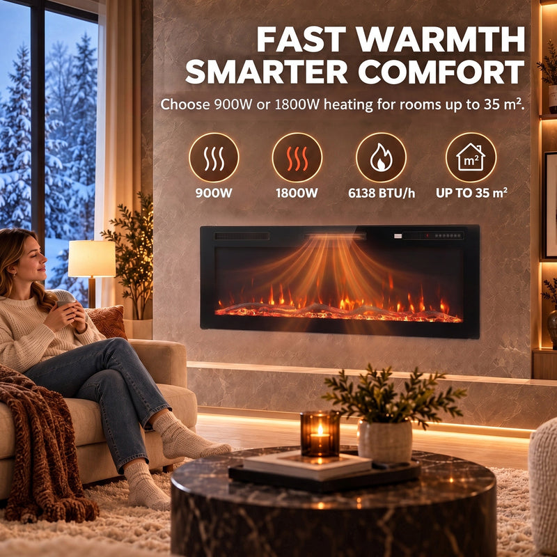 Woman relaxing by the electric fire with 900 W and 1800 W heat settings up to 35 m²
