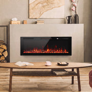 Electric fire on a plaster wall above a wooden coffee table