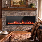 Wall mounted slim electric fire above a stone hearth in a lounge