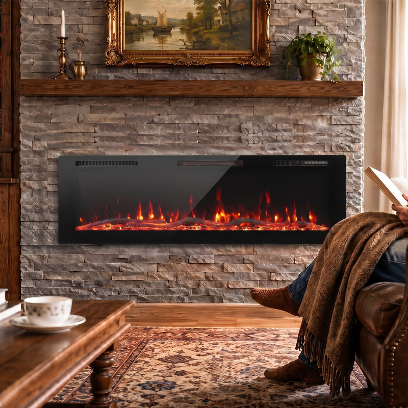Wall mounted slim electric fire above a stone hearth in a lounge