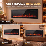Electric fire shown wall mounted, recessed and freestanding with feet