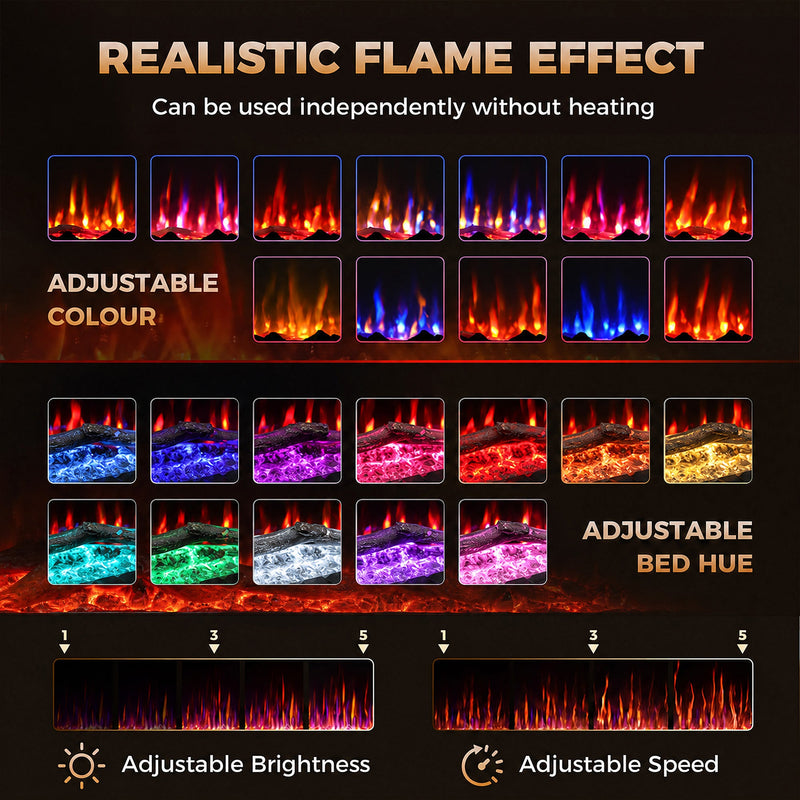 Adjustable flame and ember bed colours with brightness and speed levels