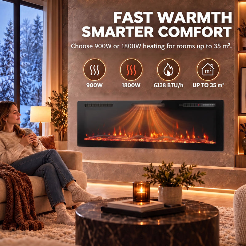 Electric fire in a living room with 900W and 1800W heat for rooms up to 35 square metres