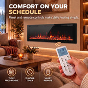 Hand holding the 14-key remote with 7-day programme and 12-hour timer icons